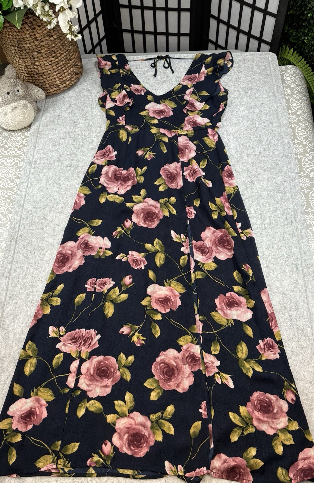 Francessca’s Miami Navy Floral Maxi Dress Romper w/ High Front Slits Women’s XL