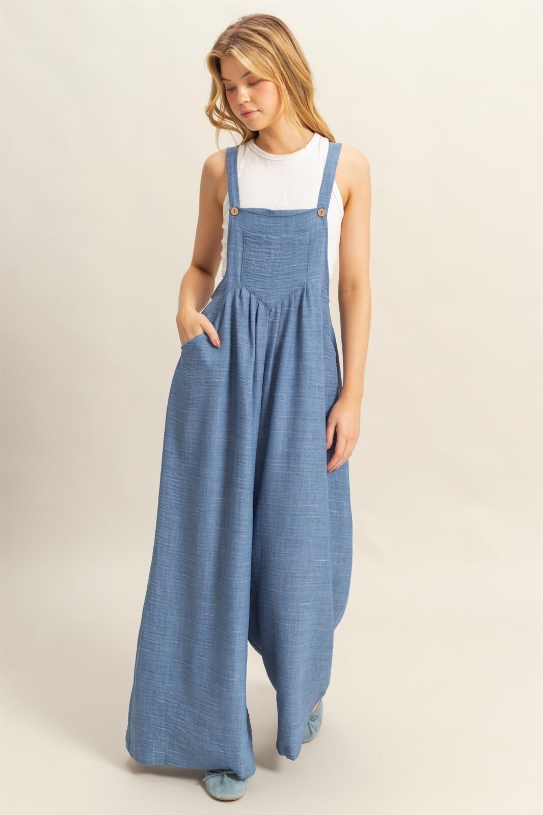 Blue Loose-Fit Jumpsuit with Wide Leg Buttoned Straps Square Neckline sz Small