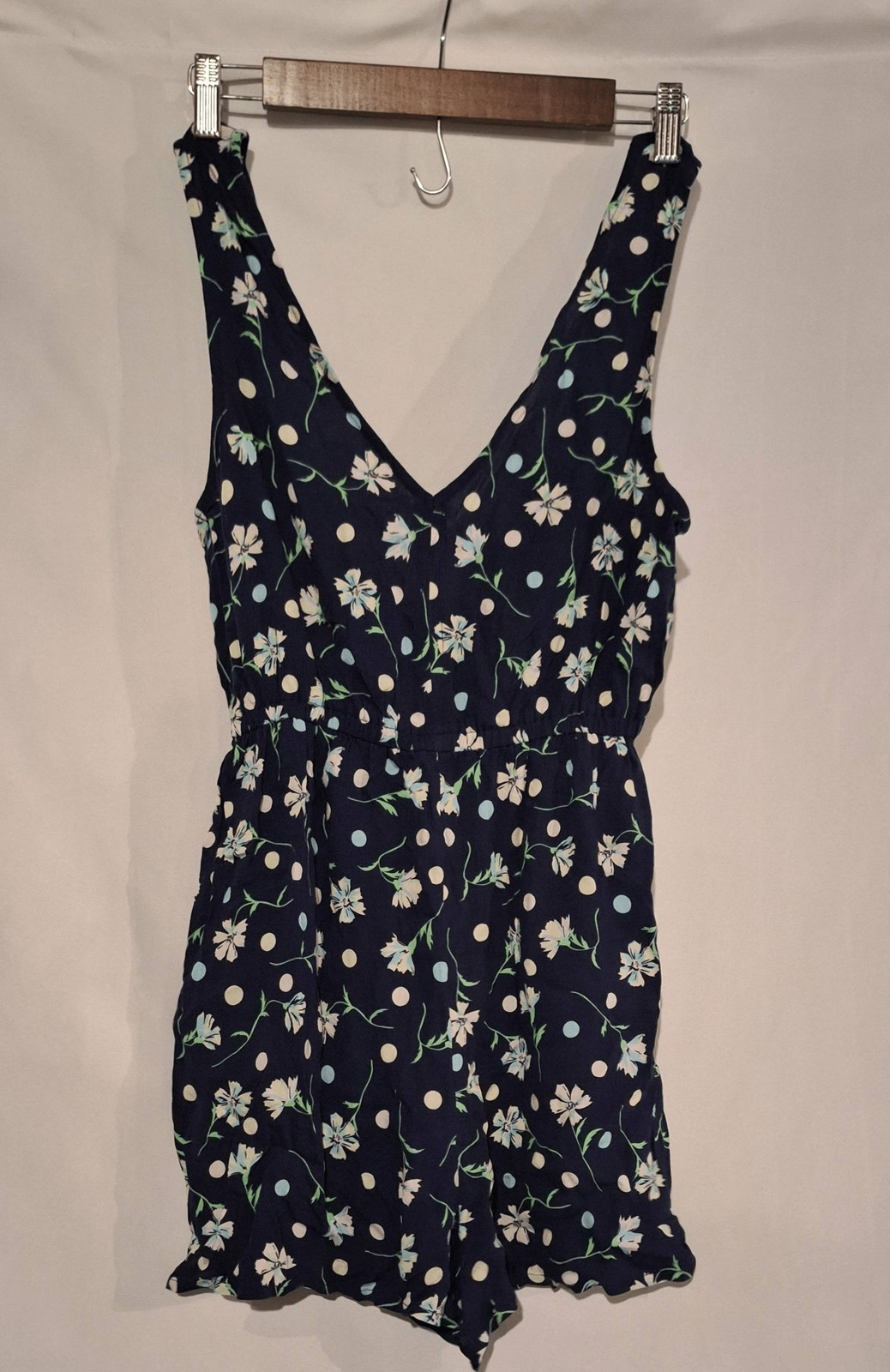 BP Nordstrom Navy Floral Polka Dot V-Neck Sleeveless Romper XS Ruffle Hem Rayon