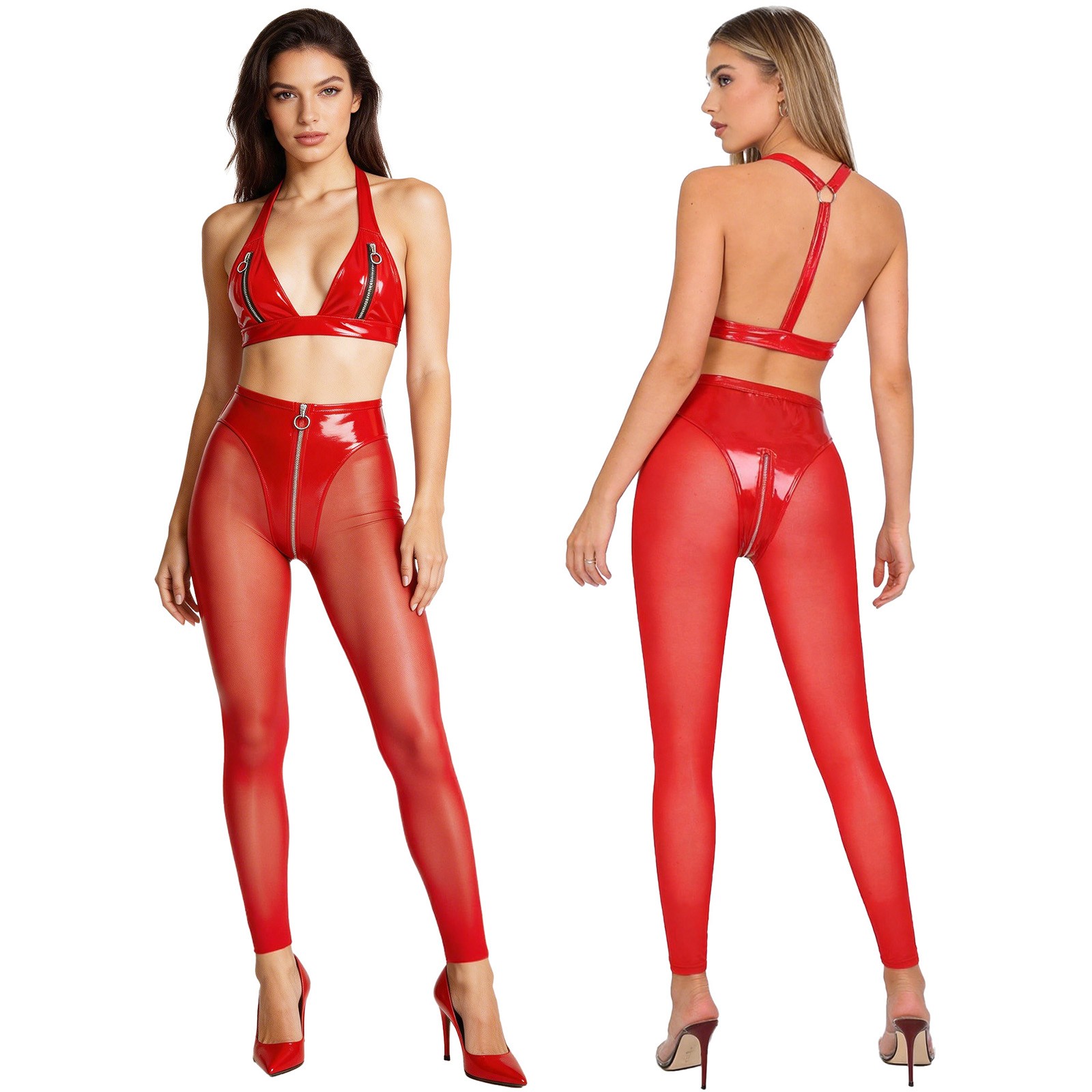 Women Rave Outfits Party Clubwear Shiny Metallic Streetwear Halter Bra and Pants