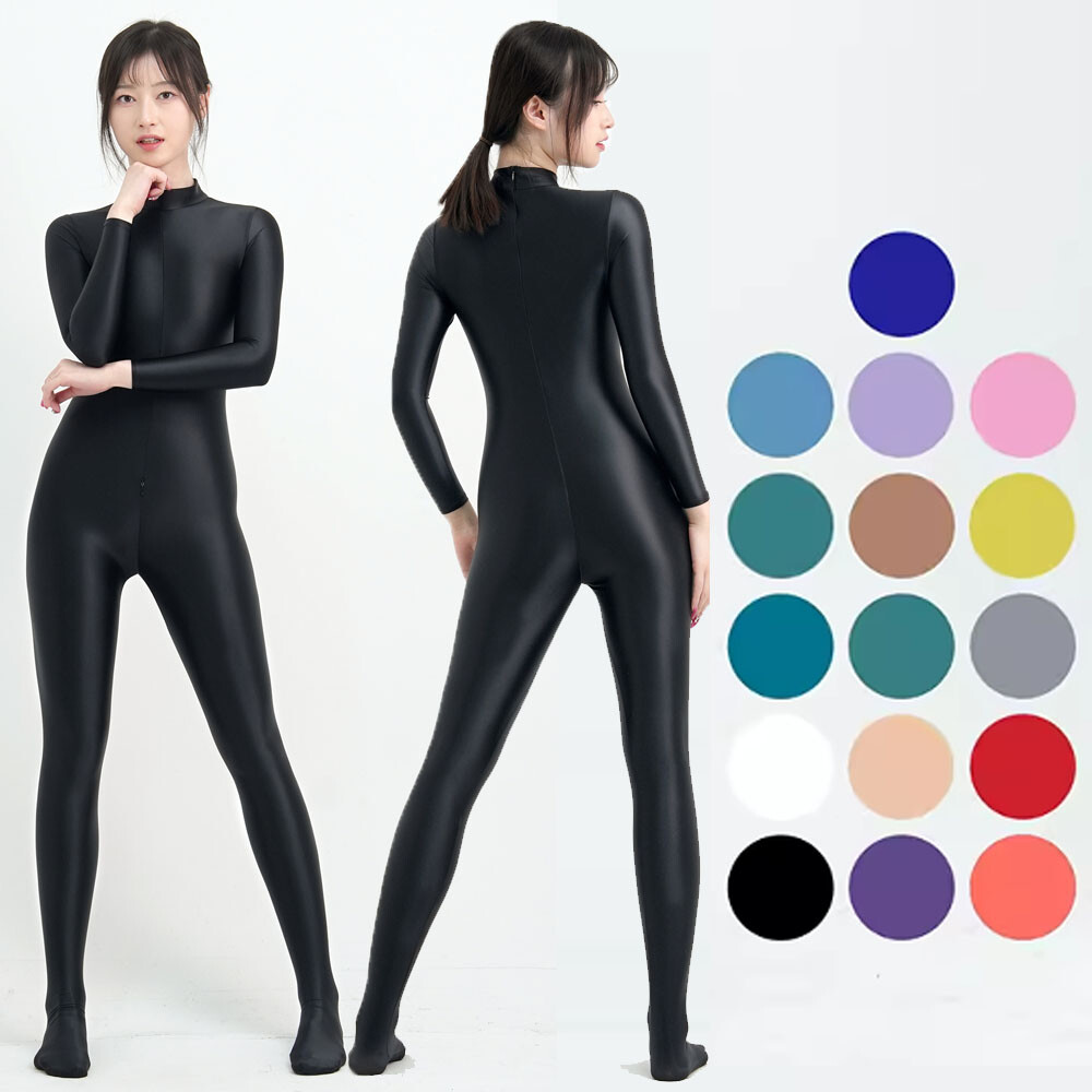 MJINM Stretch Shiny Bodybuilding sports Jumpsuit Women Zipper Long Sleeve Slim