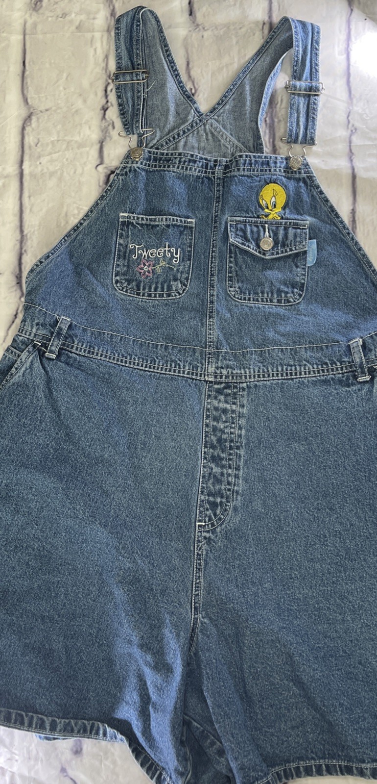 Looney Tunes Womens Tweety Bird Vintage Blue Denim Overalls Shorts Size 22W/24W