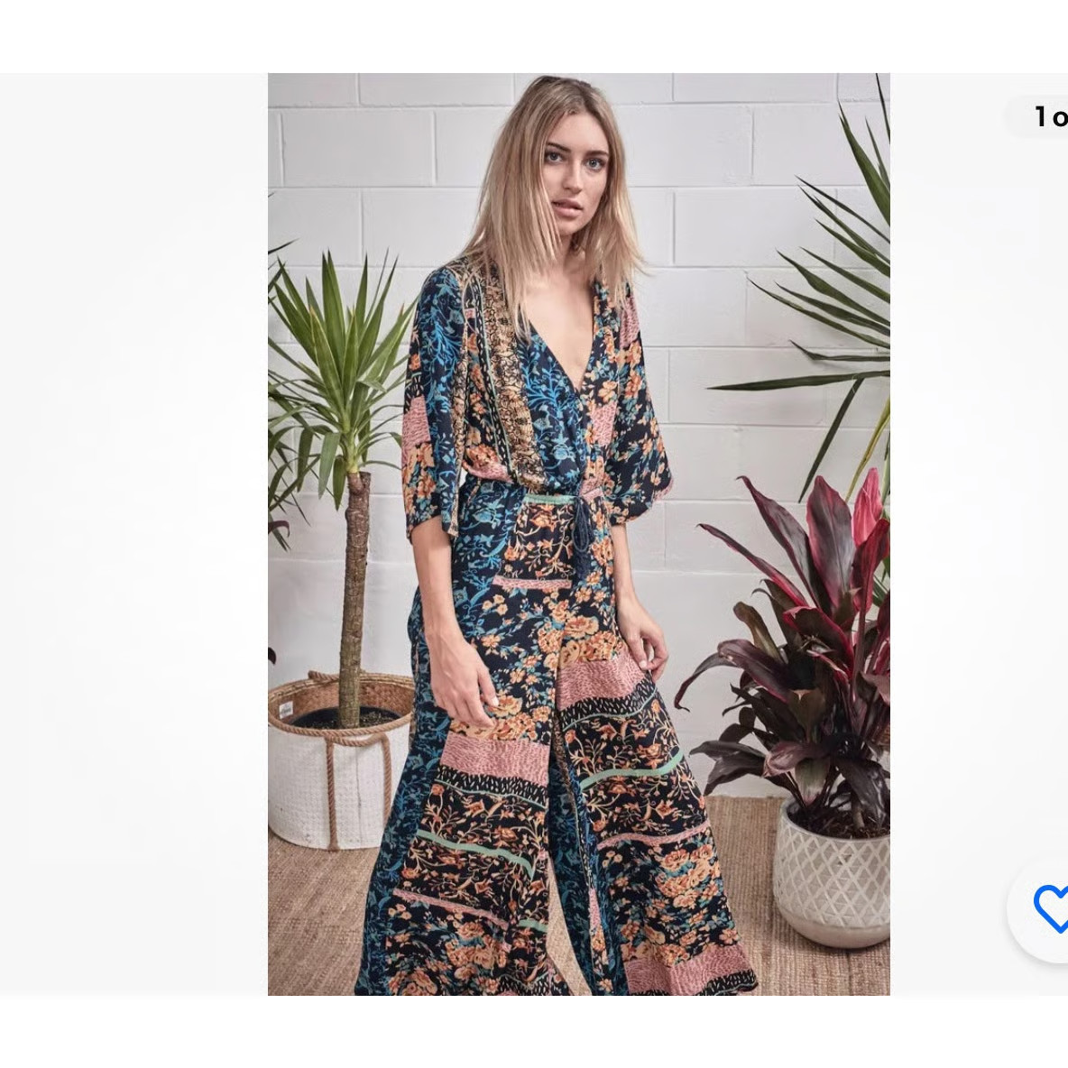Jaase Fern Willow Clay Floral Jumpsuit wide leg Boho half sleeve flowy SZ SM