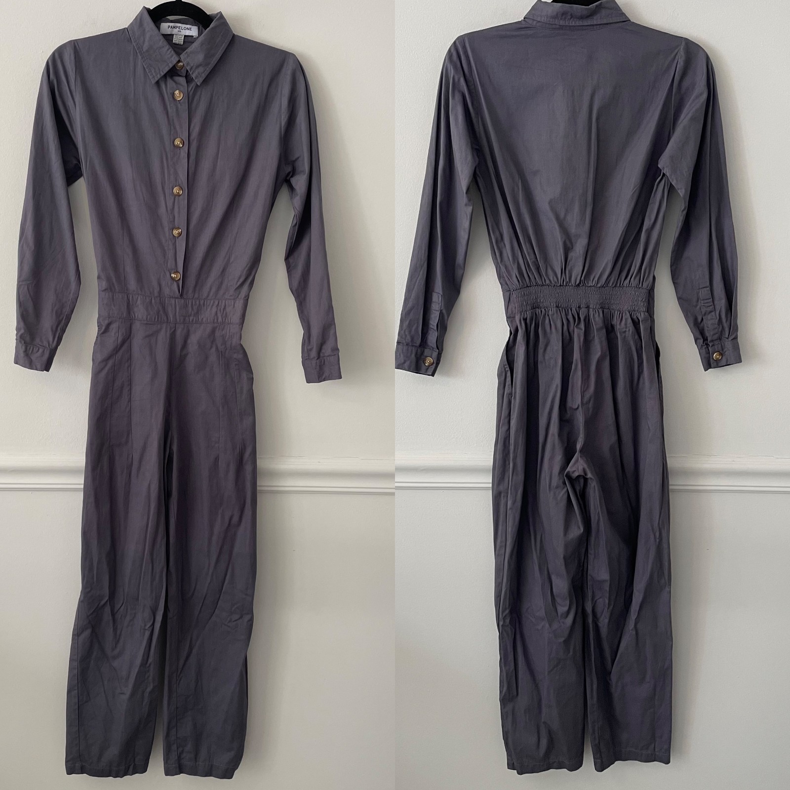Pampelone Long Sleeve Button Up Jumpsuit Navy XS Cotton Minimalist Contemporary