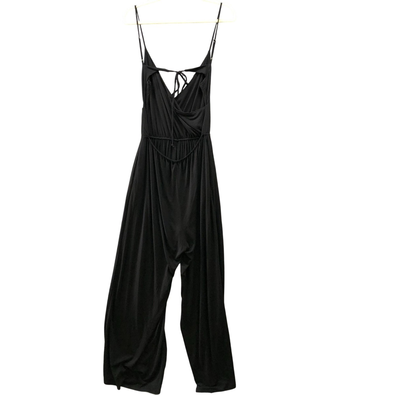 Lulus Cami Jumpsuit Womens M Black Wide Leg Surplice V-Neck Tie Back Jersey Knit
