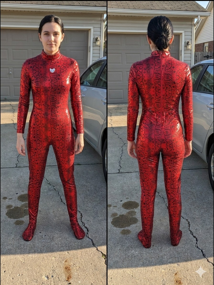 Hiro Gato Red Metallic Snakeskin Jumpsuit Mock Neck Skin Tight Catsuit Cosplay