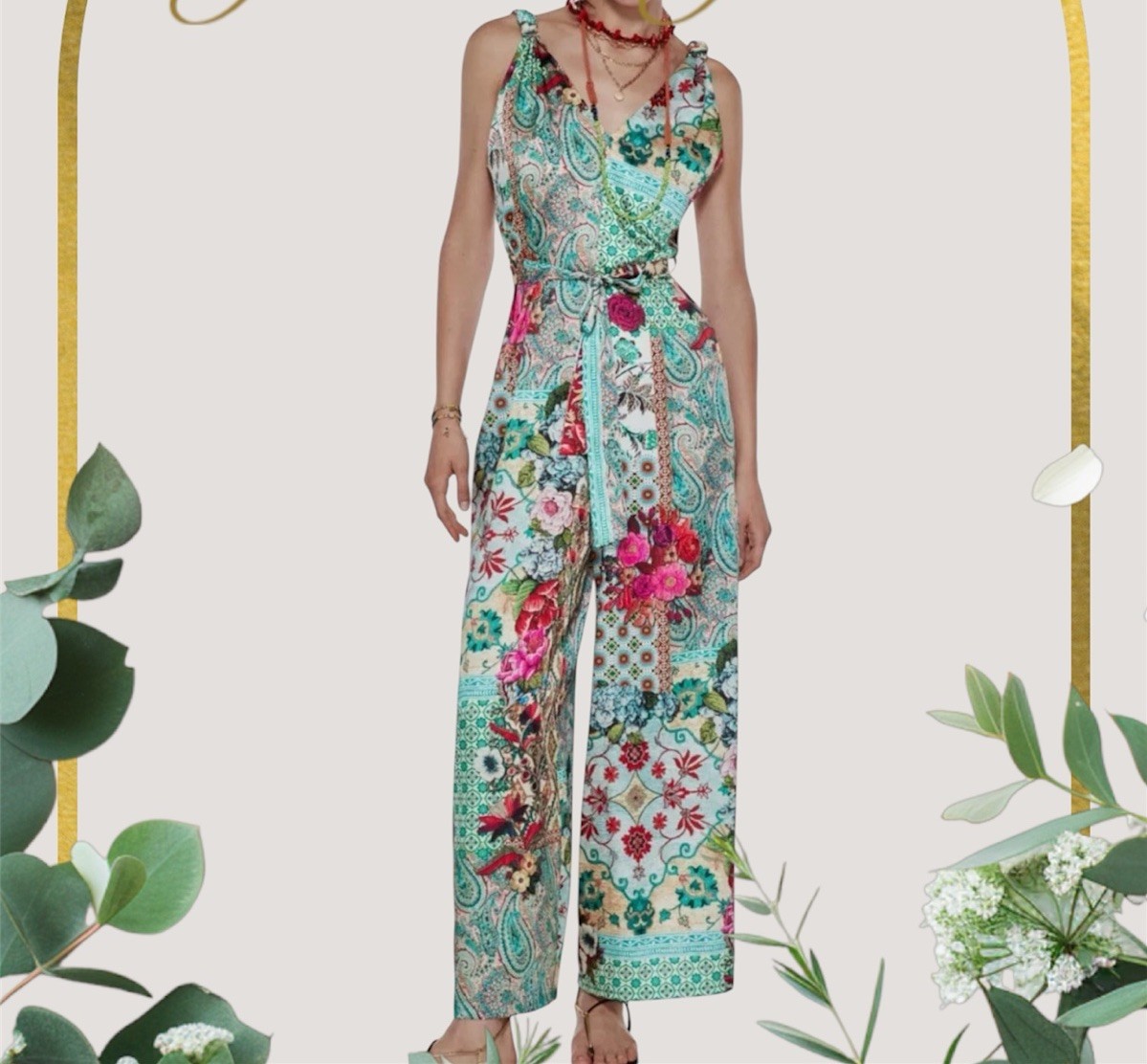 NWTZARA KNOTTED WIDE STRAPS PATCHWORK PRINT JUMPSUIT