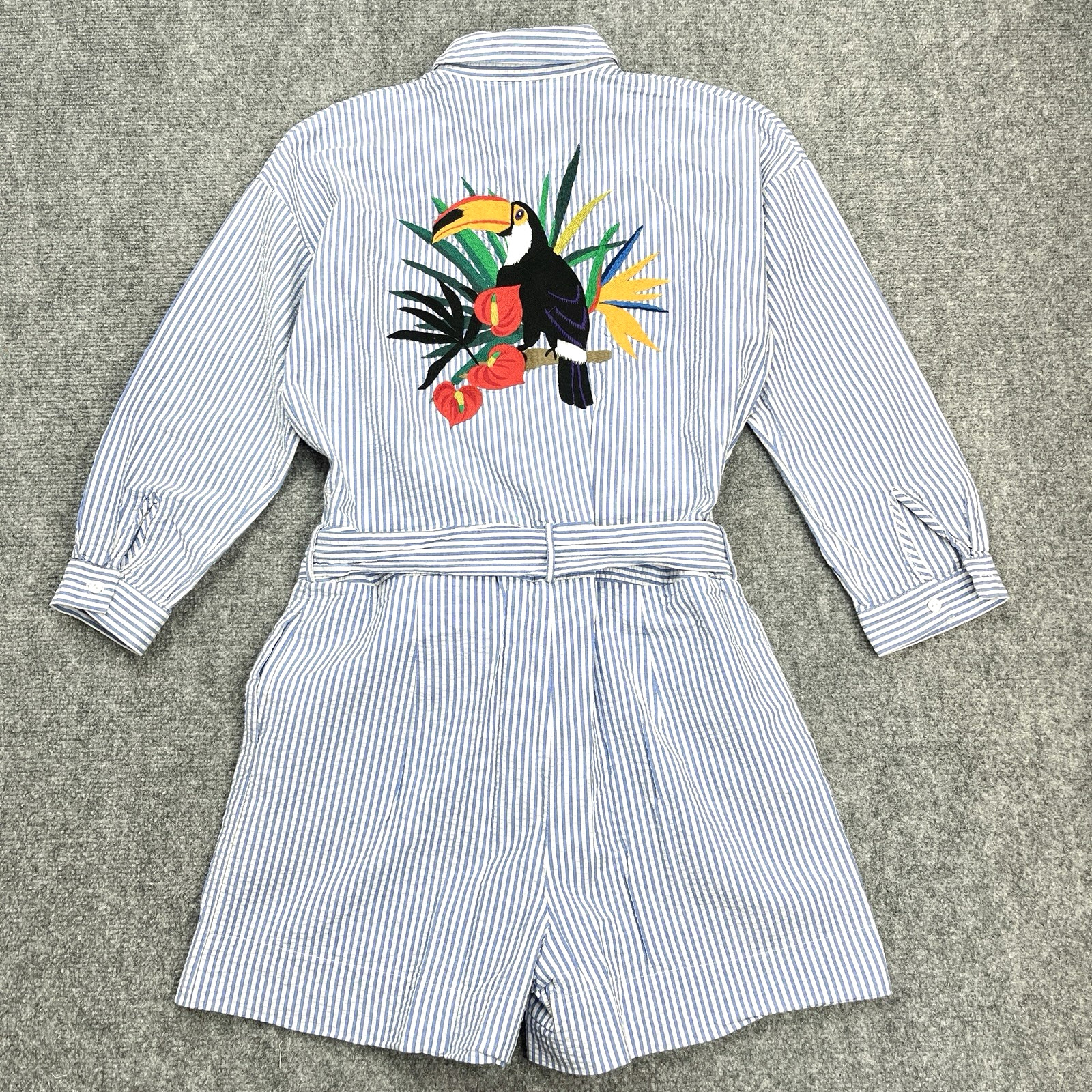 Zara Romper Womens Size Small Toucan Embroidered Blue Stripe Seer Sucker Cotton