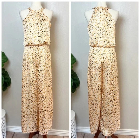 NEVER FULLY DRESSED Women’s Size 6 Satin Willow Halter Neck Wide Leg Jumpsuit