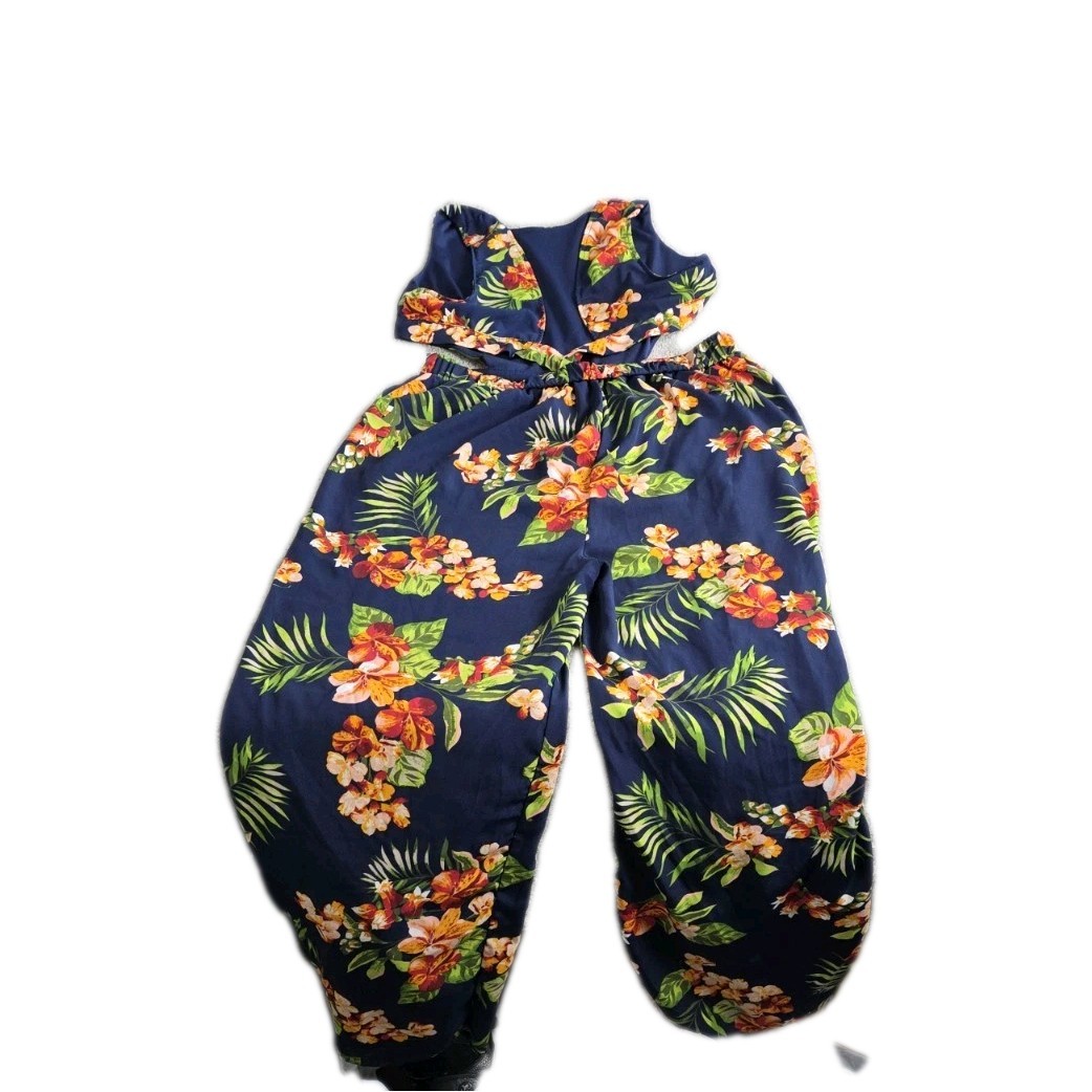 Tropical Print Sleeveless Wide Leg Crop Jumpsuit Size Large Casual Beachwear