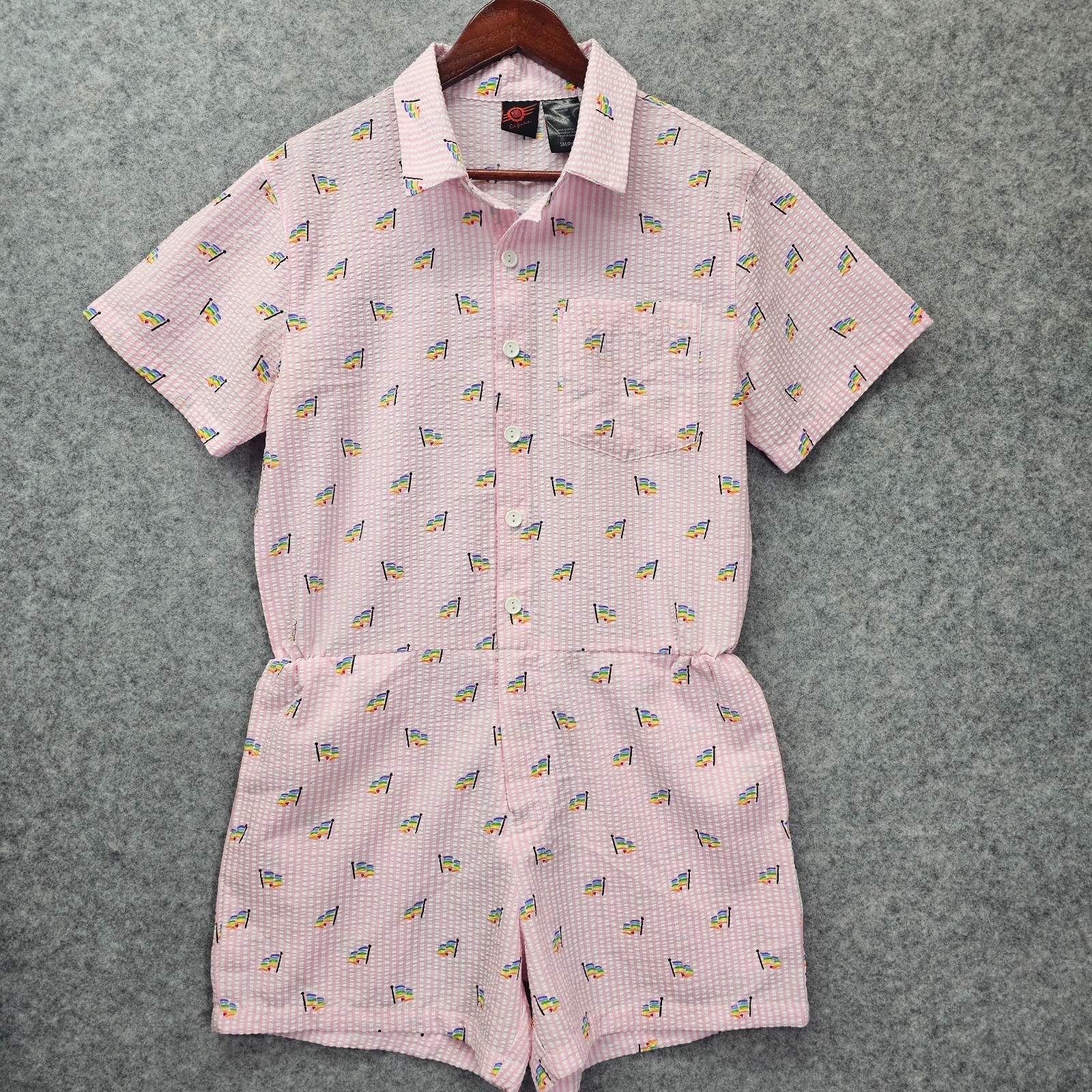 Mad Engine Romper Small Pink Striped Seersucker Pride Rainbow Flag LGBTQ 33×4