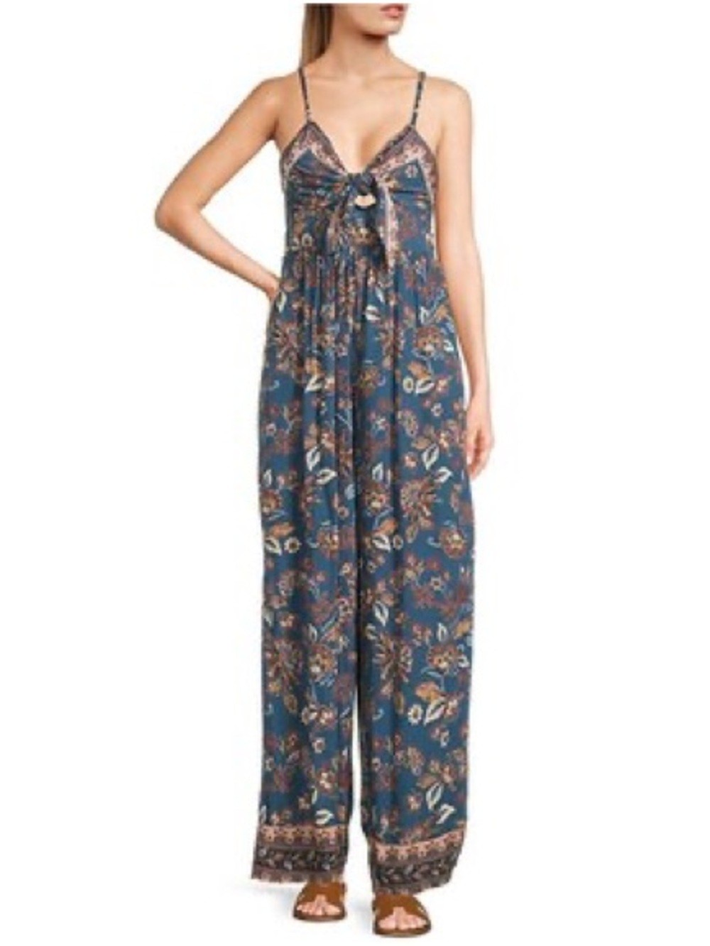 Angie NWT Sleeveless Border Print Keyhole Knot Front Wide Leg Jumpsuit