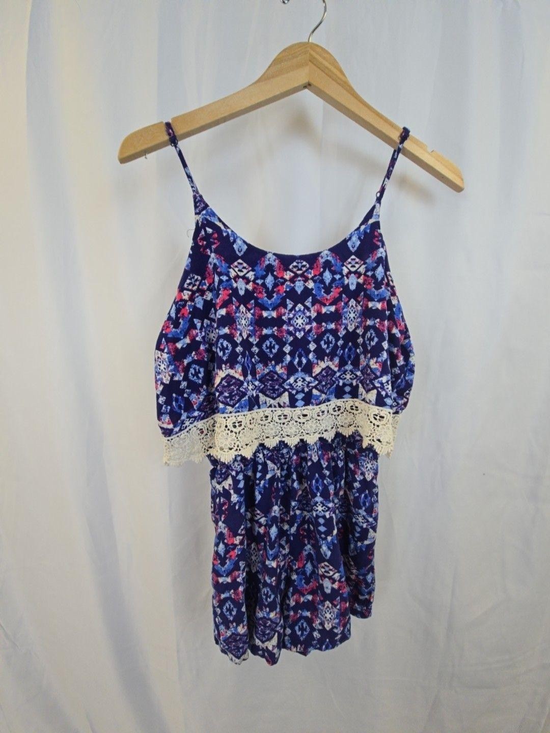 Rue21 Romper Juniors Medium Blue Ikat Lace Trim Scoop Neck Sleeveless Summer