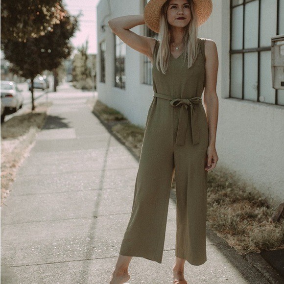 EVERLANE GoWeave Japanese Wide Leg Olive Belted Cottage Boho Comfy Luxe Jumpsuit