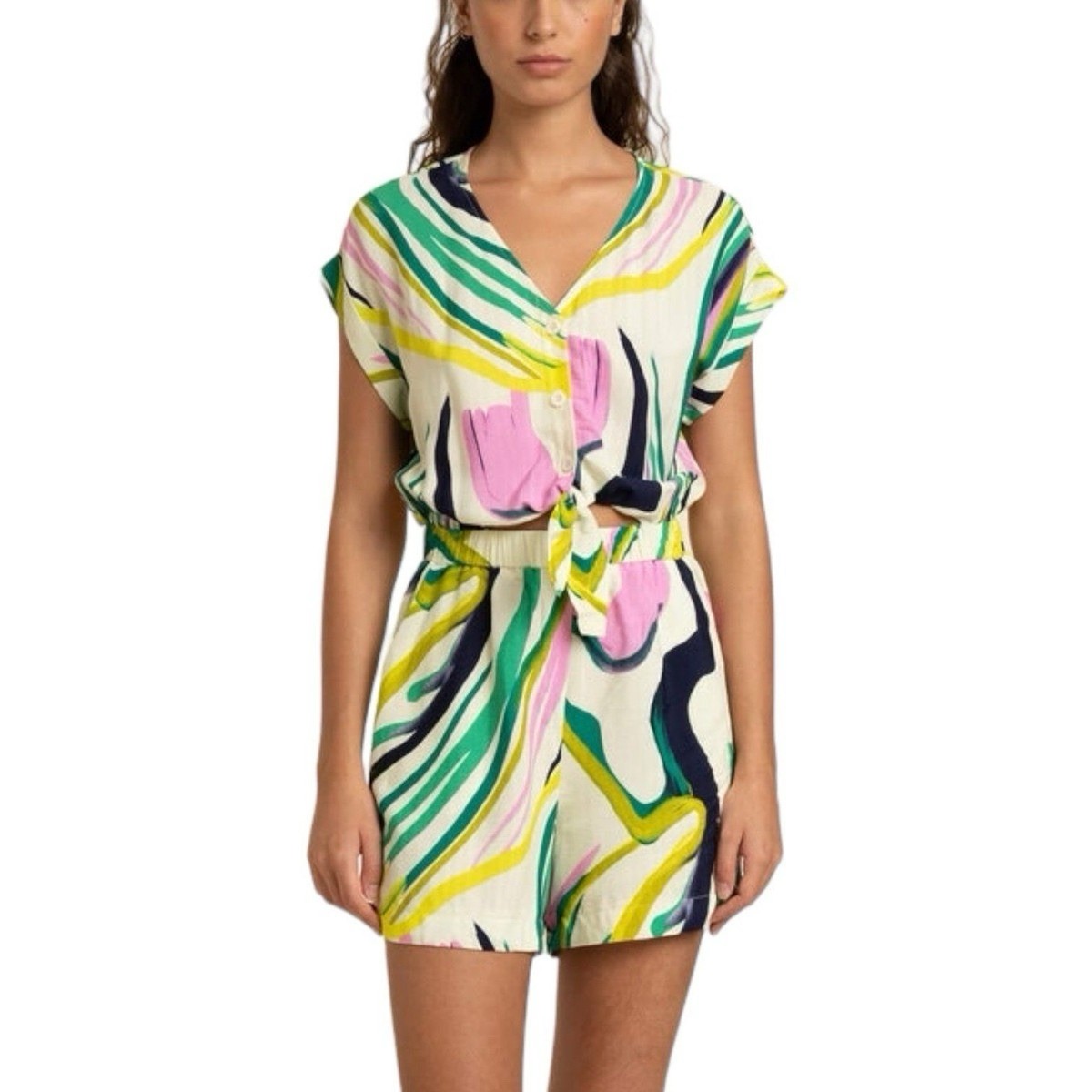FRNCH Paris Menorca Romper Sz S Colorful Abstract Print Tie Waist Button Front