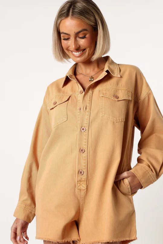 New NWT MABLE Size Small Pollyanna Romper Denim Tan Long Sleeve Petal & Pup