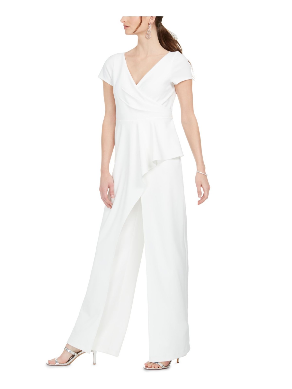 ADRIANNA PAPELL Womens Ivory Short Sleeve V Neck Wide Leg Jumpsuit 4