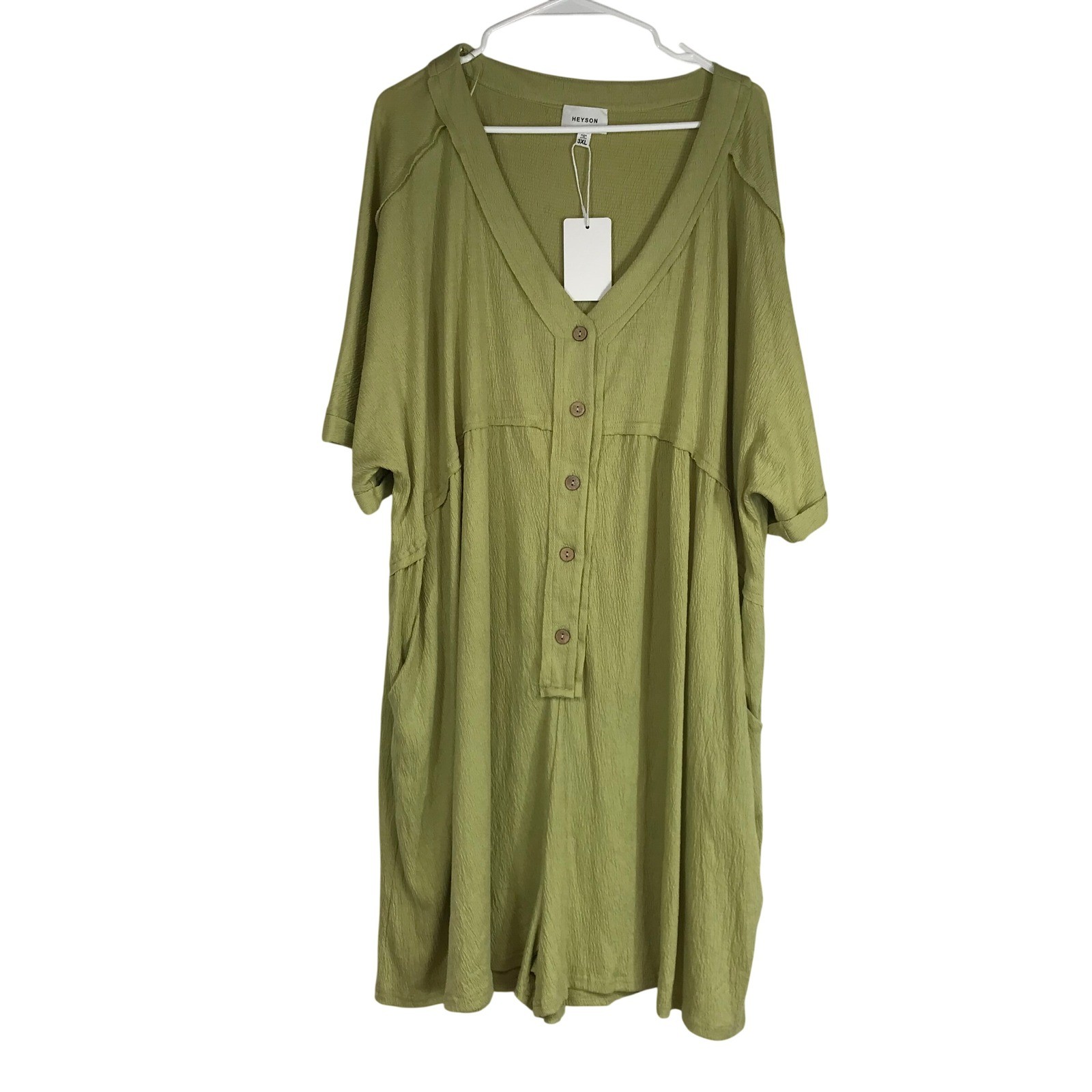 HEYSON Oversized V Neck Button Front Textured Midi Dress 3XL Olive Green