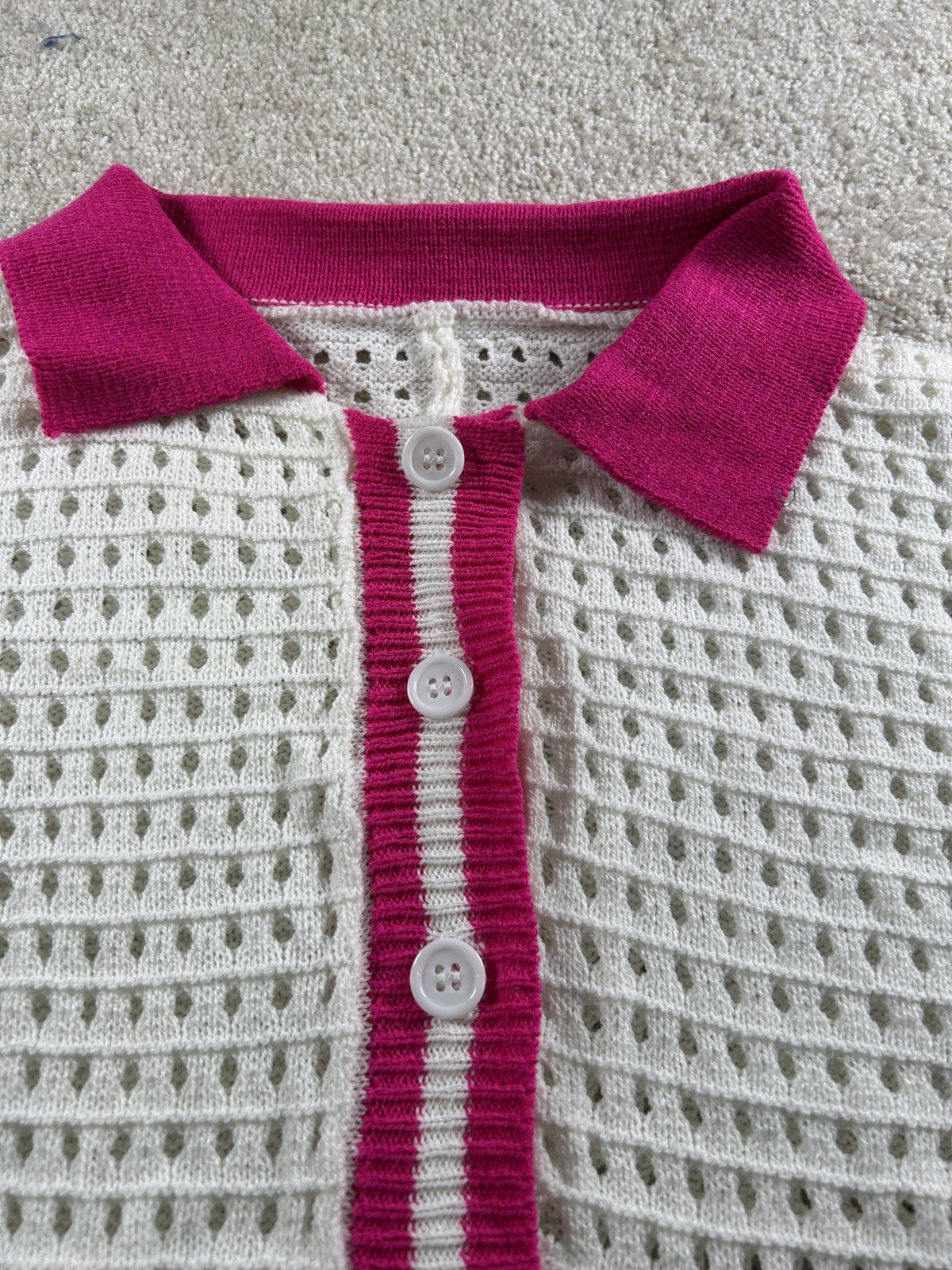 Shein Romper Womens Large White Pink Open Knit Crochet Polo Collar Short Sleeve