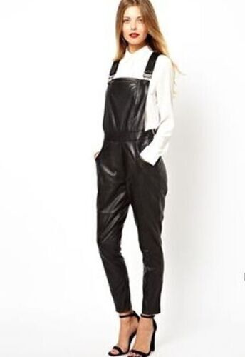 100% Soft Lambskin Stylish Women Leather Romper Casual Party Black Jumpsuit