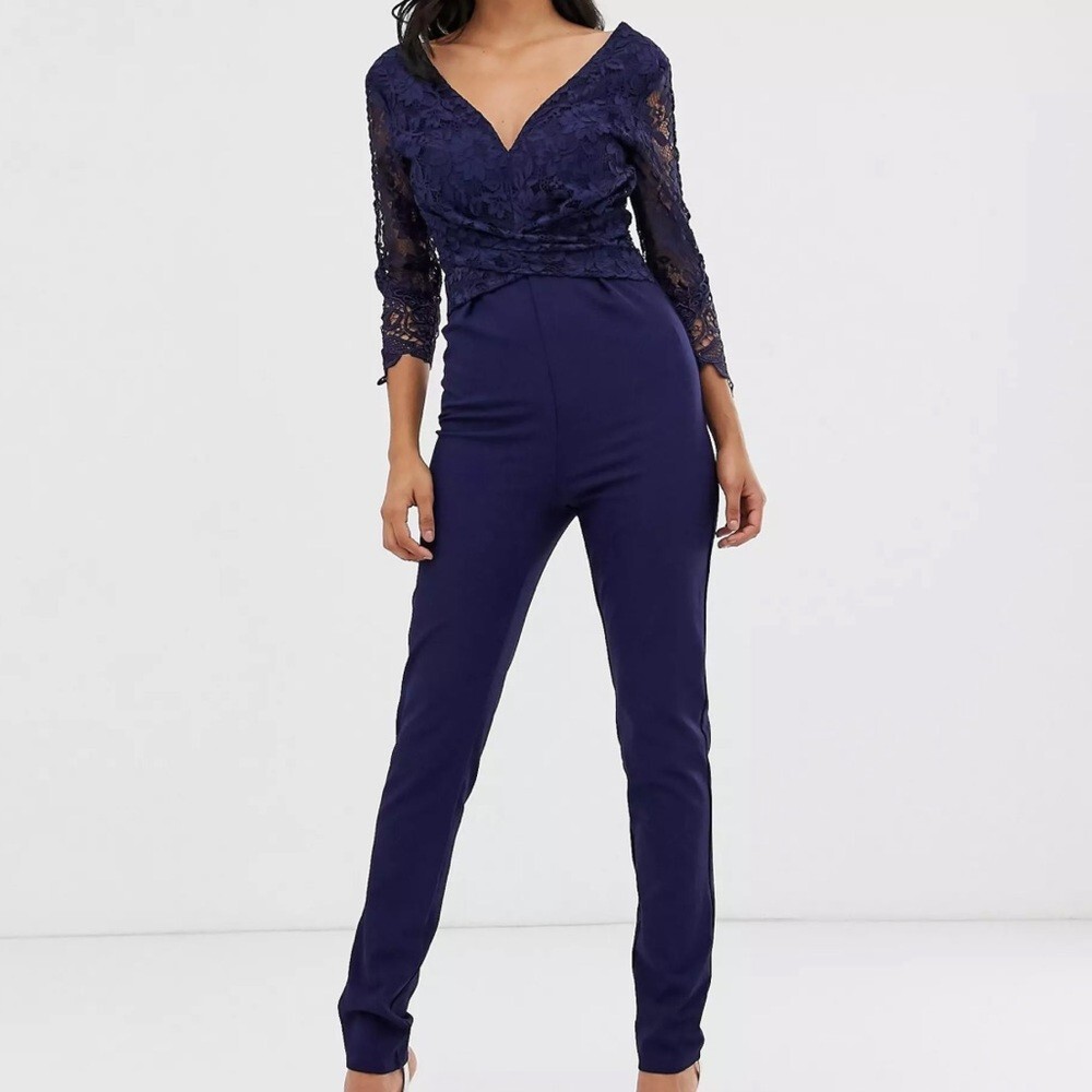 NEW Navy Blue Lace Jumpsuit 2 Tall euro 34 3/4 longsleeve NWT sz XS catsuit Chic