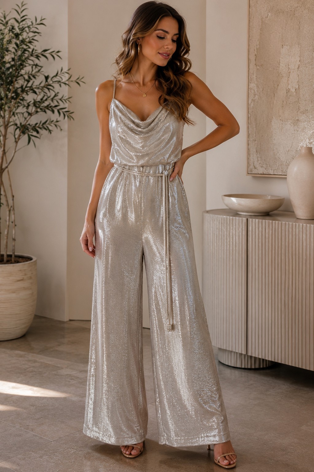 Eliza J Womens 8 Metallic Wide Leg Jumpsuit Silver Evening Party Formal