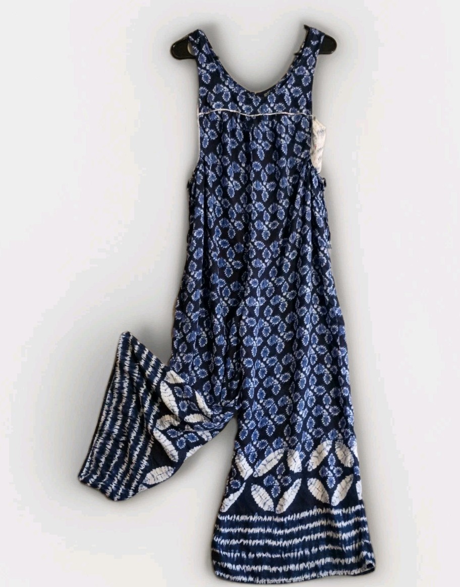 Anthropologie Bristol Wide Leg Jumpsuit Ikat Blue Sz S Flowy Boho Coastal-core