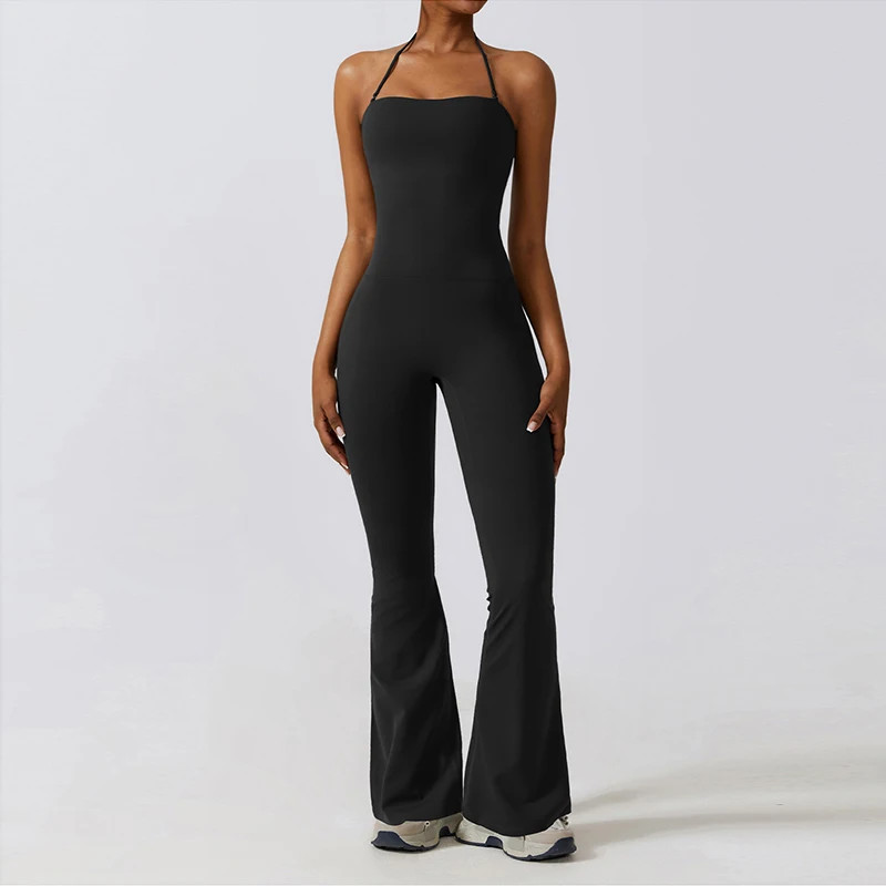 Nylon Spandex Jumpsuit Women Sleeveless Flared Leg Backless Gym Yoga Outfit