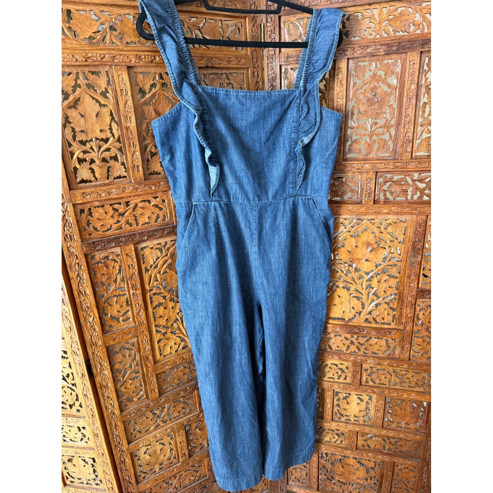 Gap Denim Ruffle Apron Jumpsuit Medium Indigo Blue Wide Leg Cotton Size 12