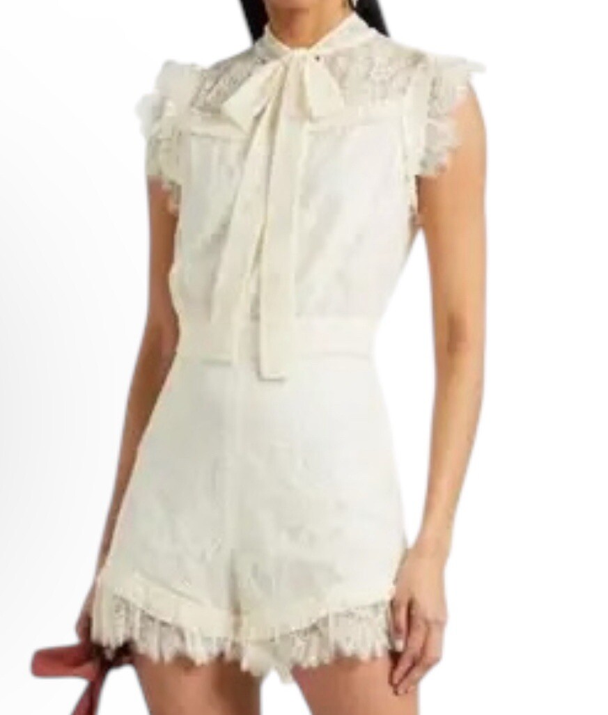 Alexis Women’s Cream White Aurelia Chantilly Lace Neck Bow Keyhole Romper- XL