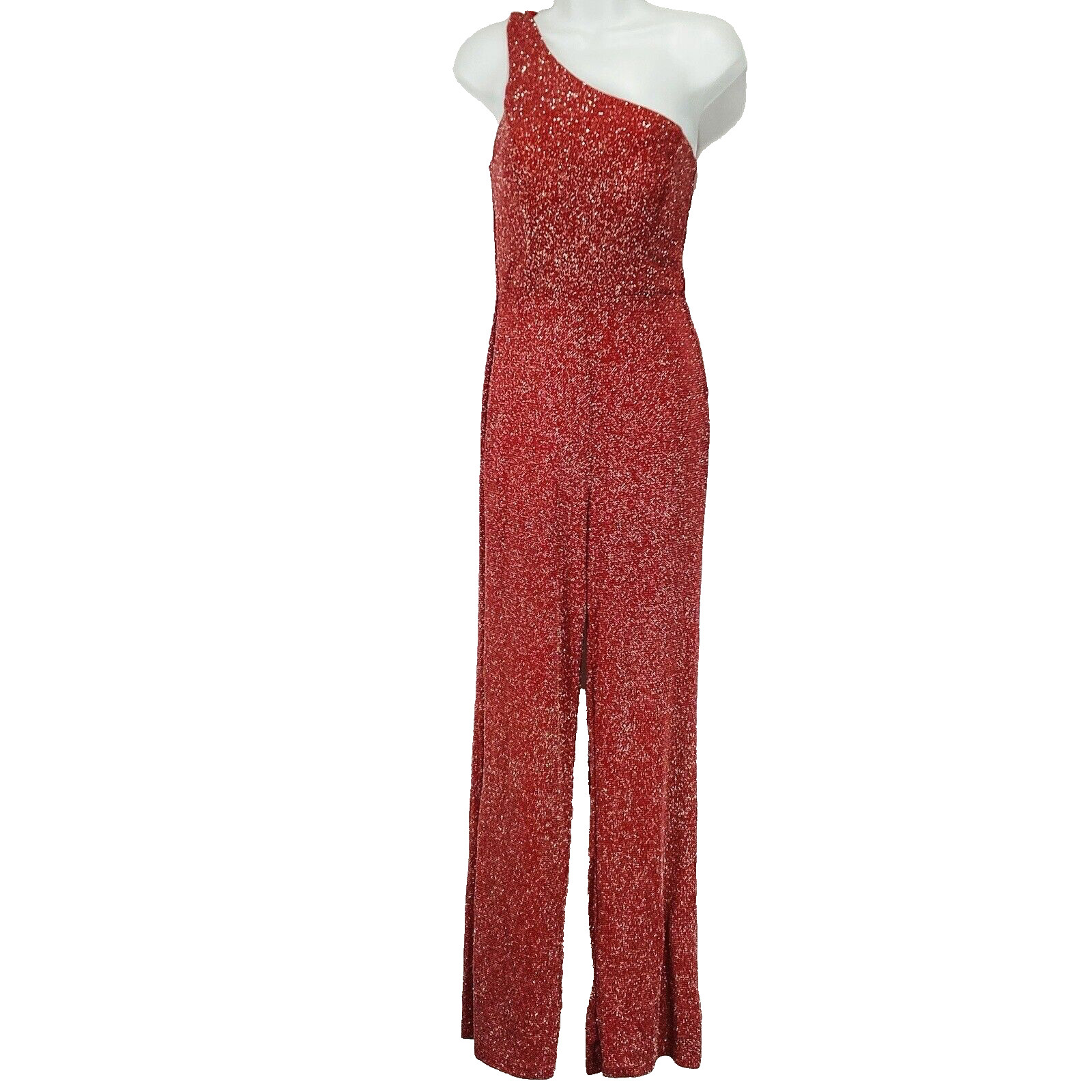 Crystal Doll Red Metallic One Shoulder Built-In Bra Jumpsuit Holiday Size 5
