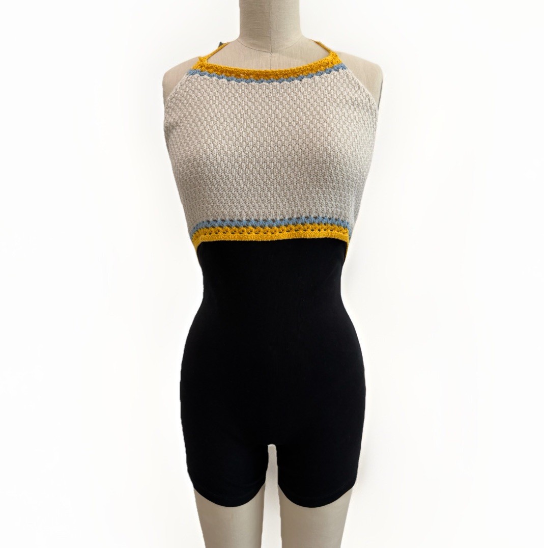Zara Knit Crochet Halter Romper Black Cream Yellow Open Back Medium