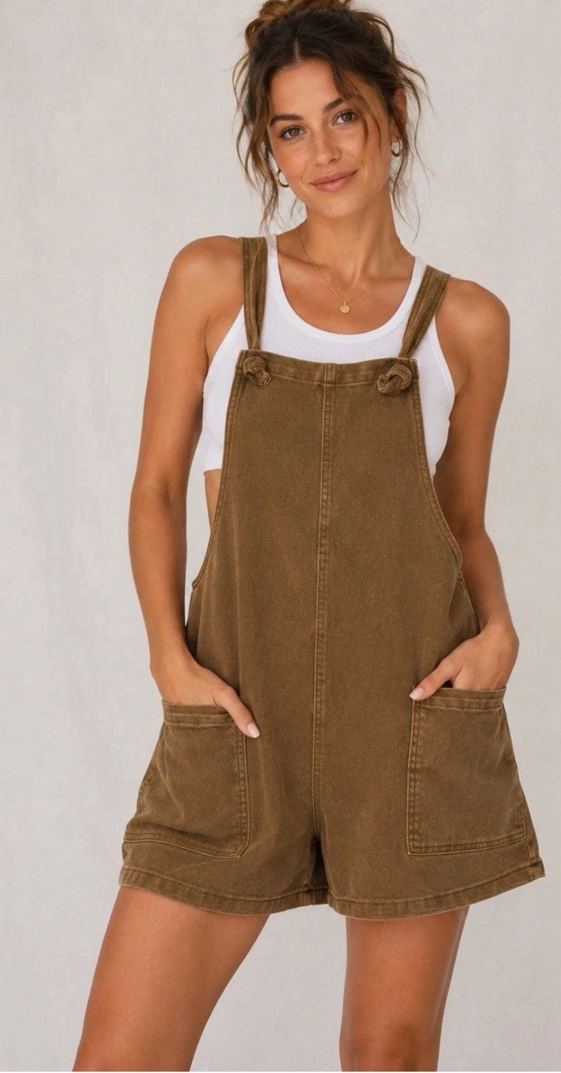 NWT Zenana Stretchy Chocolate Brown Overall Romper Shorts With Pockets L