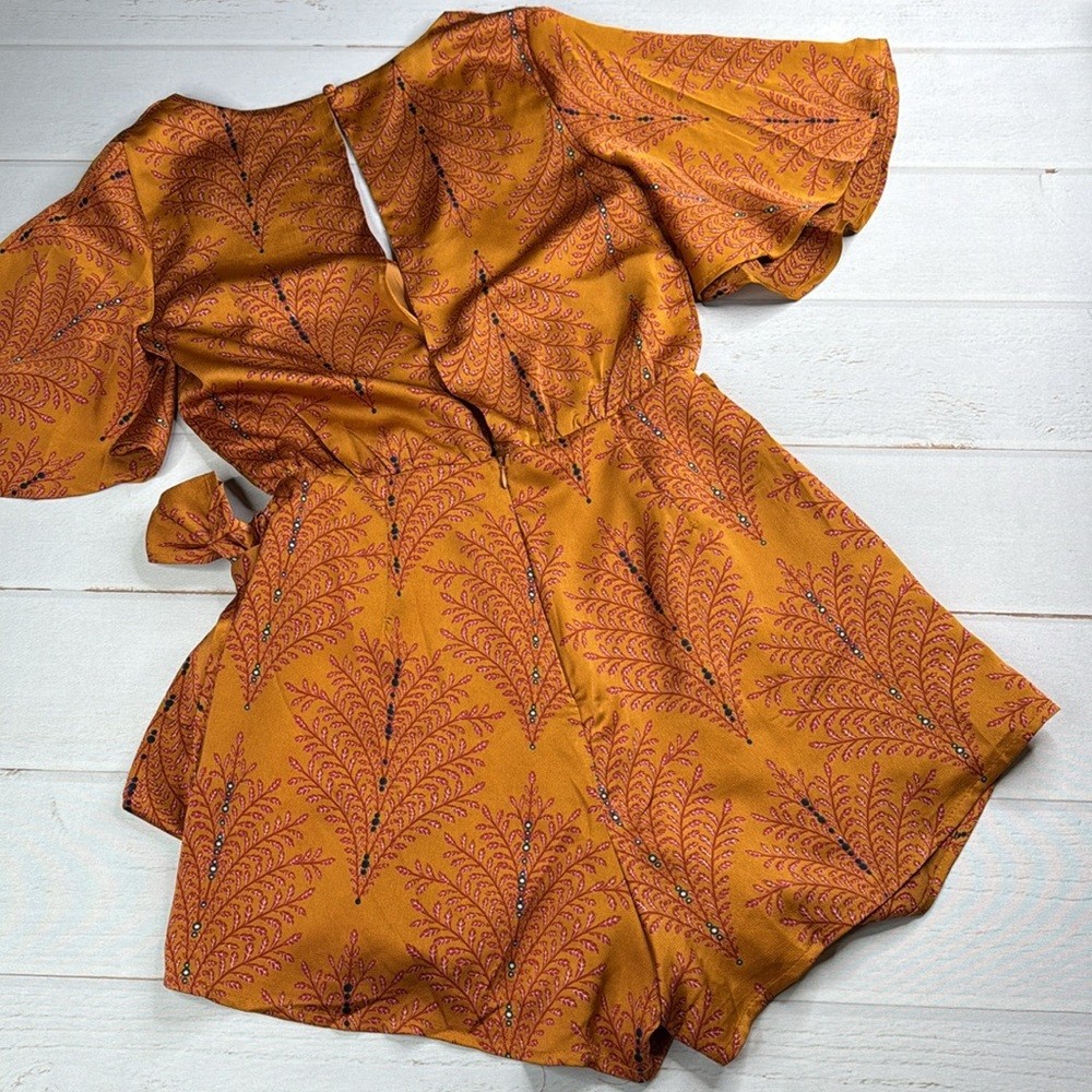 Saints + Secrets V-Neckline Wrap Romper Leaf Print Mustard Size Small