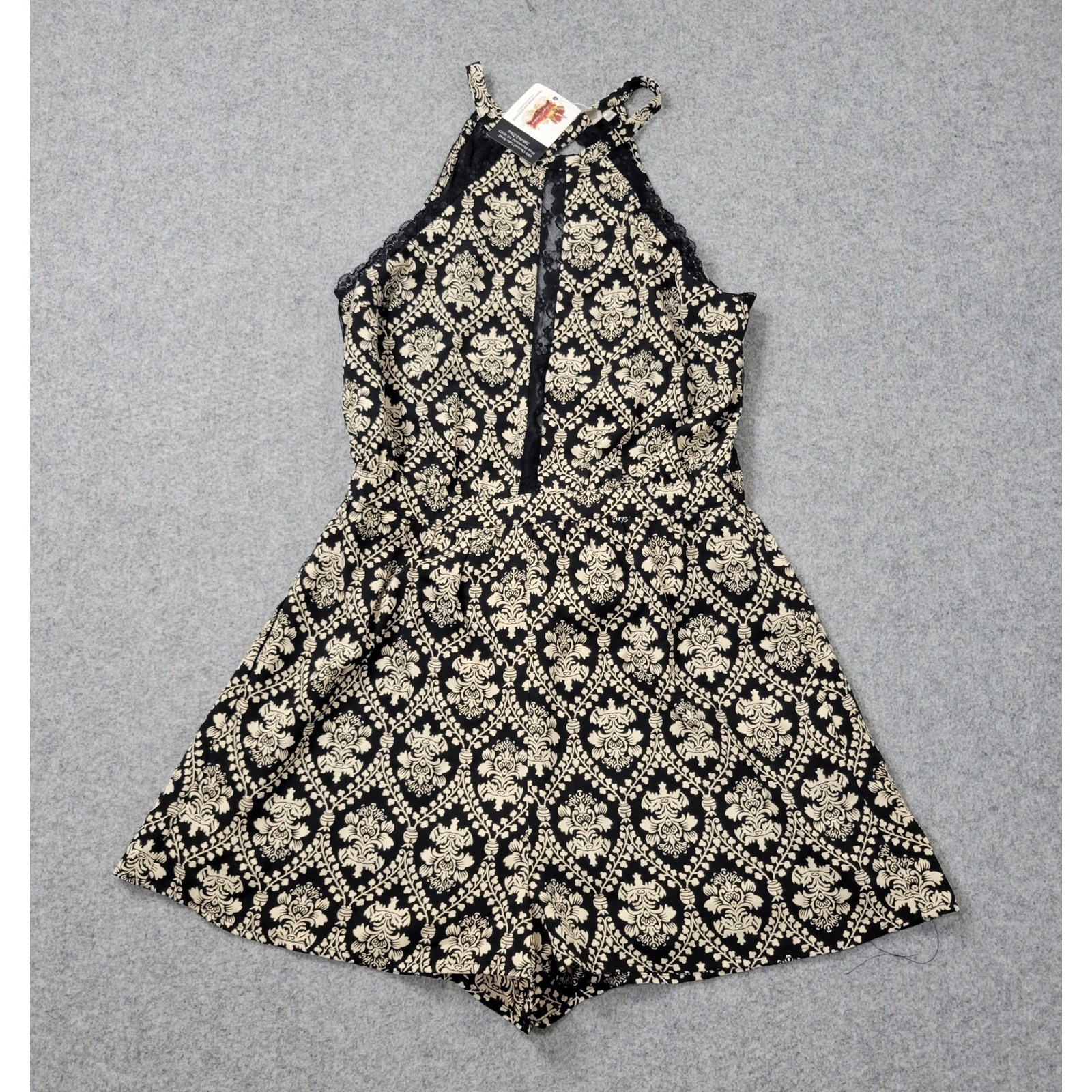 Mono B Royal Dutchess Lace Open Back Romper Small Black Cream Damask Print NWT