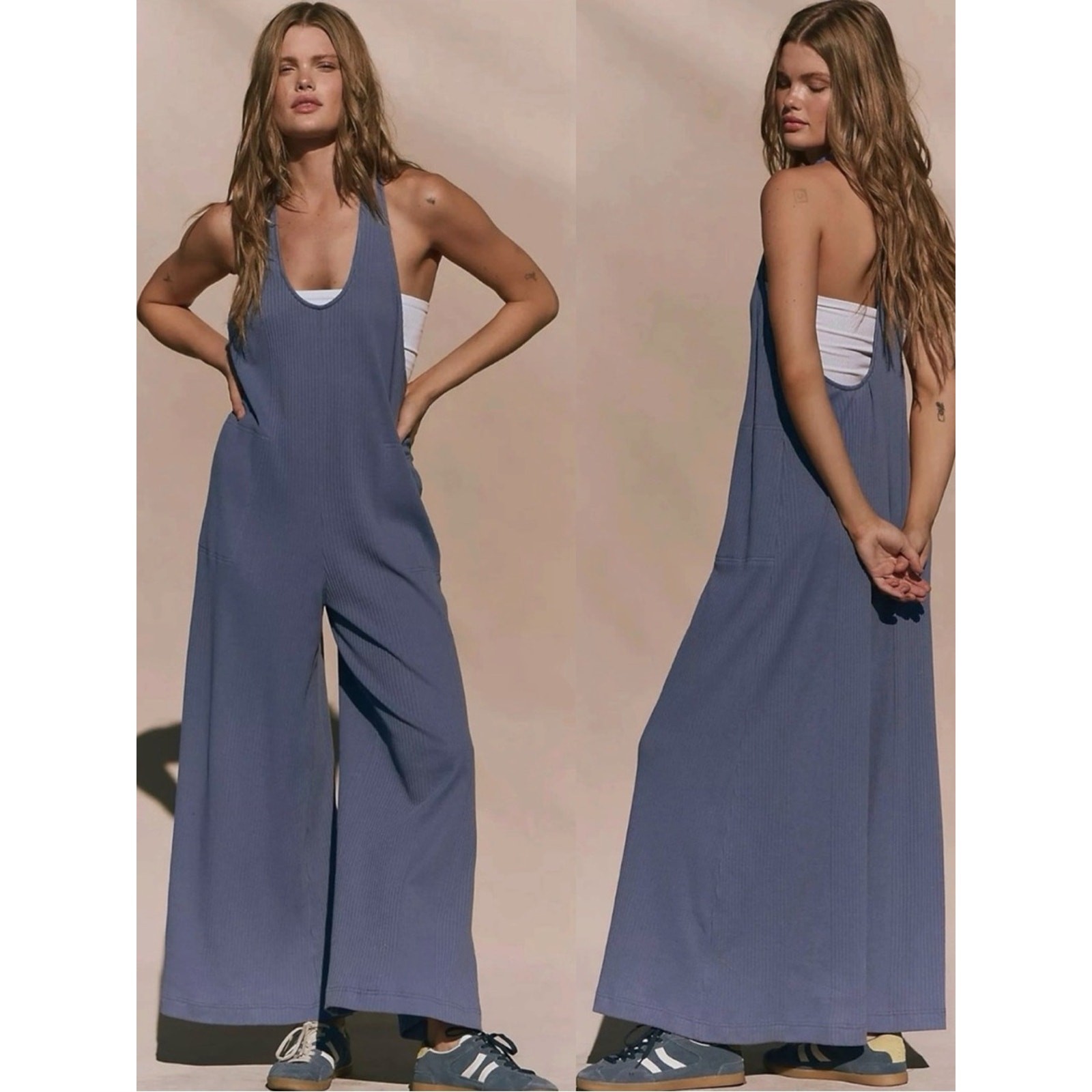 Free People Bohemian Zena One Piece Wide Leg Jumpsuit Periwinkle Blue Medium NWT