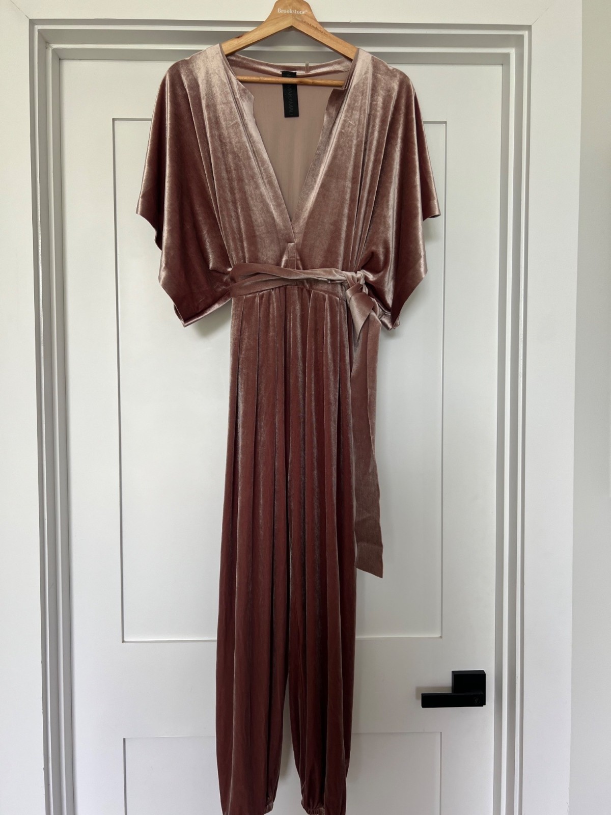 Norma Kamali Rectangle Jog Jumpsuit salmon pink stretch velvet small