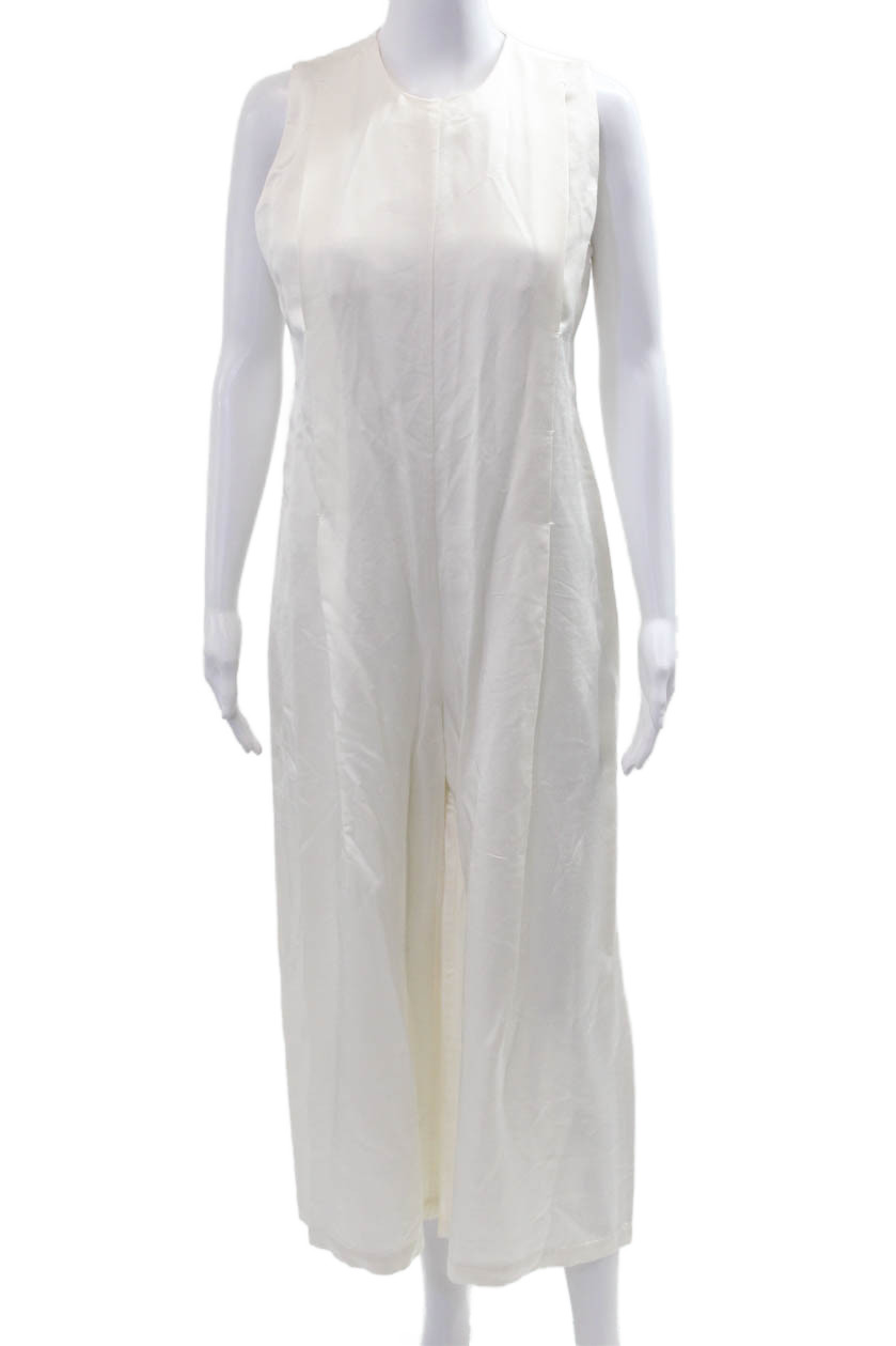 CO Womens Jumpsuit White Sleeveless Round Neck 82% Viscose Size M