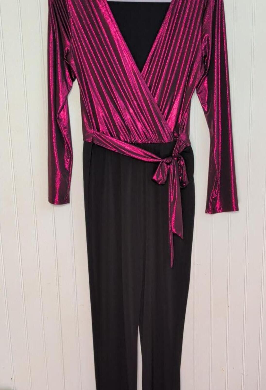American City Wear Retro Metallic Fuchsia Wrap Front Black Jumpsuit Glam Disco