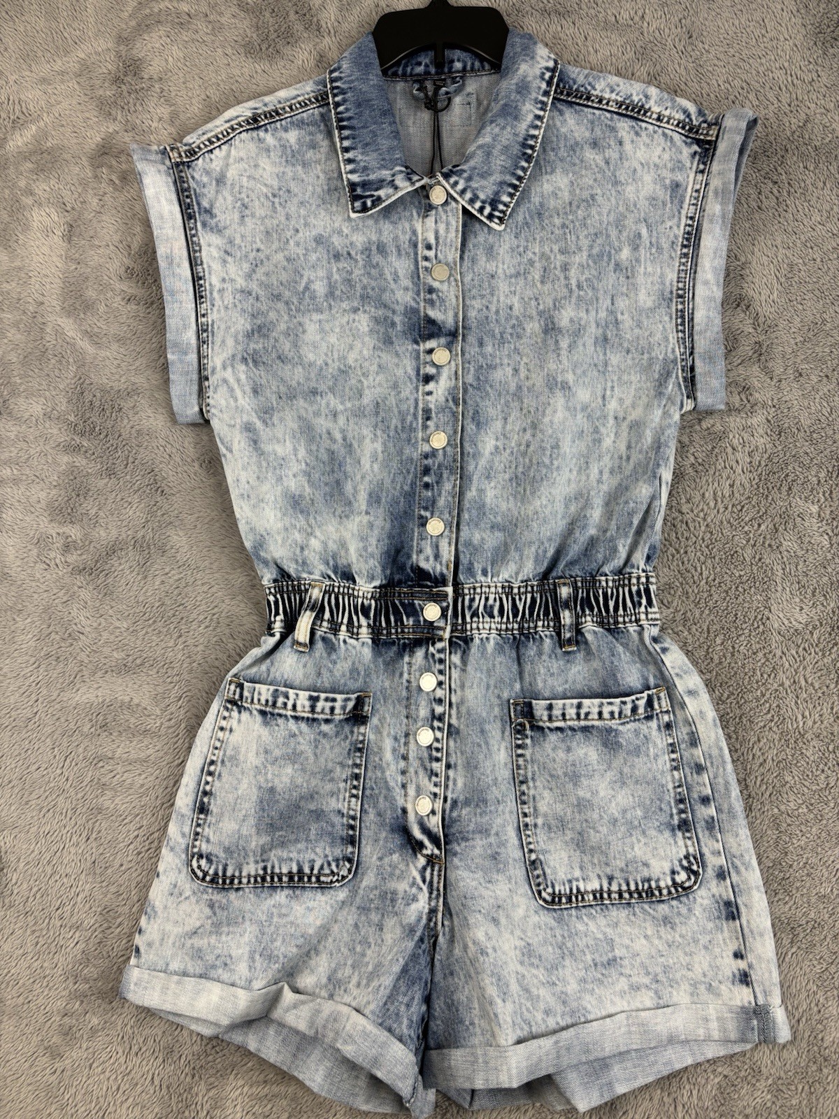 BLANK NYC Stone Washed Cuffed Sleeve & Leg Shorts Denim Romper Pockets Sz S NWT