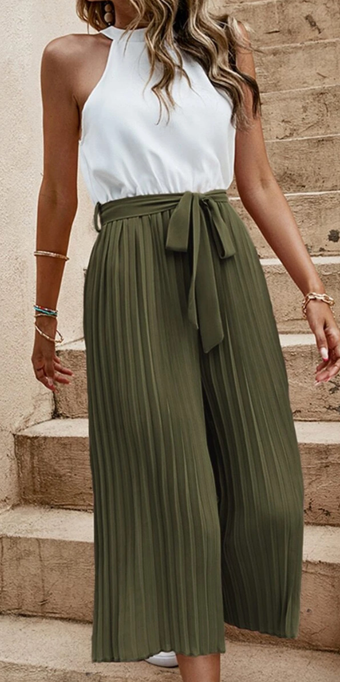 EMERY ROSE Two Tone Pleated Belted Jumpsuit White Green Sleeveless Size Small