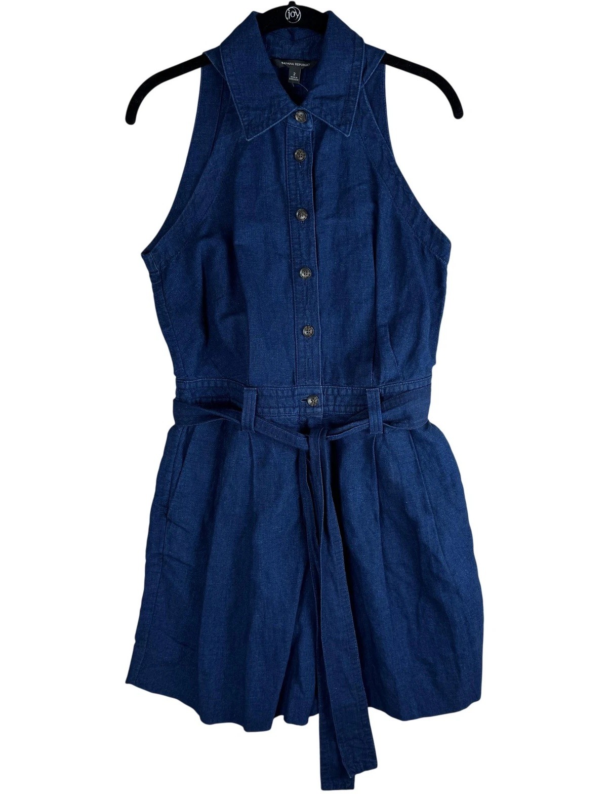 Banana Republic Romper Womens 2 Blue Linen Button Down Collared Belted Pockets