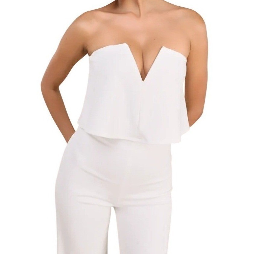 NWT Lulus Power of Love White Strapless Wide Leg Jumpsuit Size L Formal Bridal