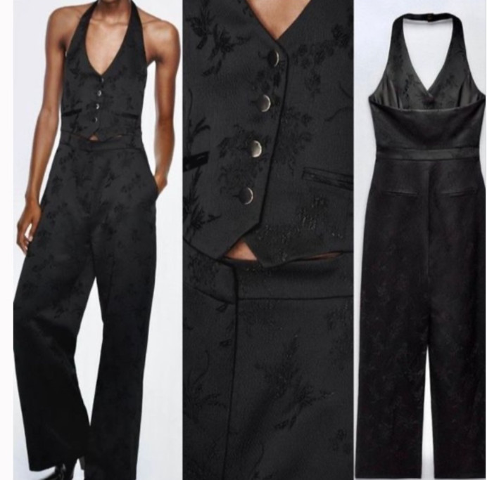 ZARA Black Floral Jacquard One Piece Halter Vest Jumpsuit Cutout Dressy S NWT
