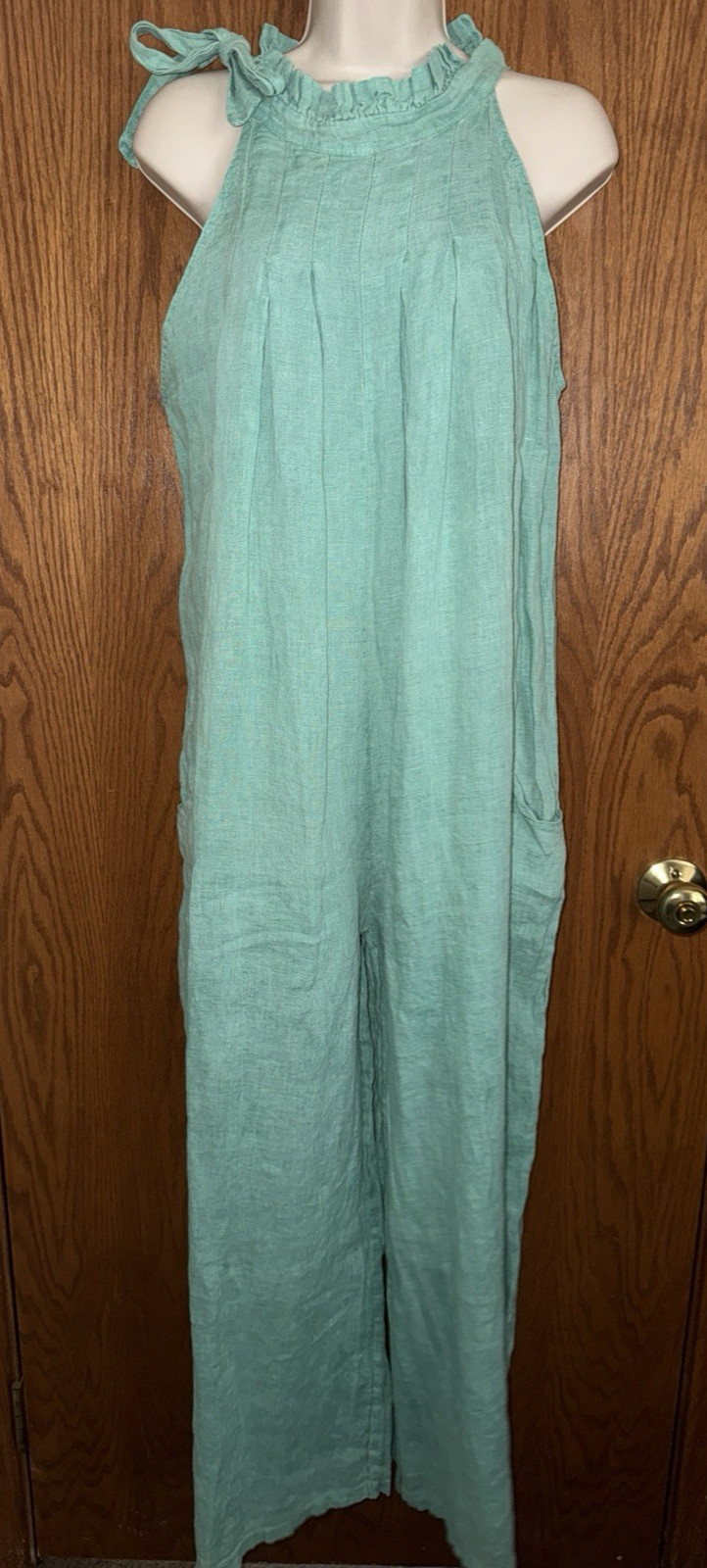 Meo Meli Linen Green Jumpsuit Wide Leg Sleeveless Women’s Size OS Made In Italy