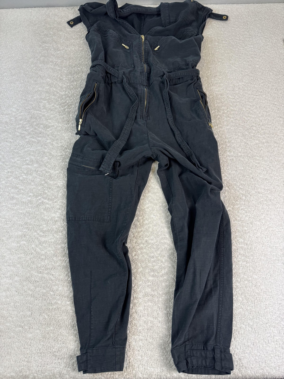 Anthropologie Jumpsuit Womens Small Utility Zip Belted Cargo Pockets Stretch